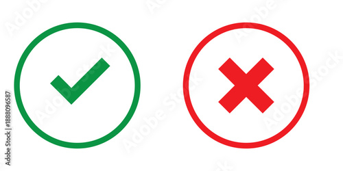 Right and wrong vector icon set rounded color black outline, flat rounded check mark, cross, x mark, circle shape thin line tick mark symbol. Approval and rejection signs isolated on white background