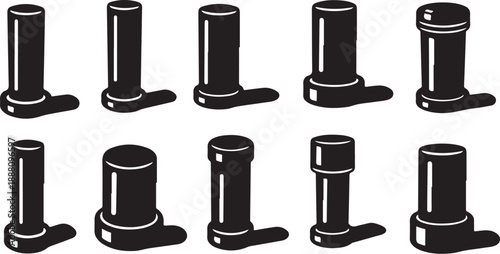 Black cylindrical objects in a row on white background
