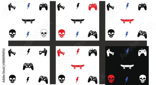 collection of gaming and skateboarding icons with skulls and lightning bolts