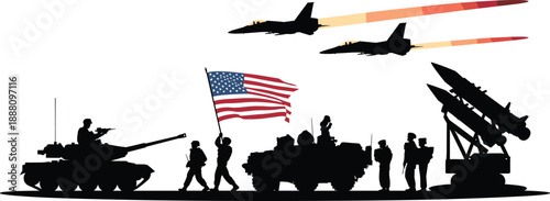Military power silhouette vector illustration, soldiers tanks jets missiles and American flag, modern armed forces defense scene isolated