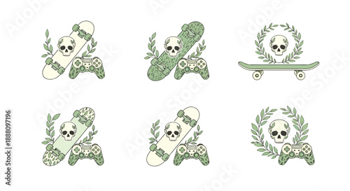 Collection of green illustrations of skulls with skateboards and gaming controllers