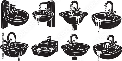 Eight black and white bathroom sink illustrations with dripping water