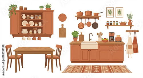 Charming and functional kitchen interior design with rustic wooden furniture, various utensils, and inviting home decor