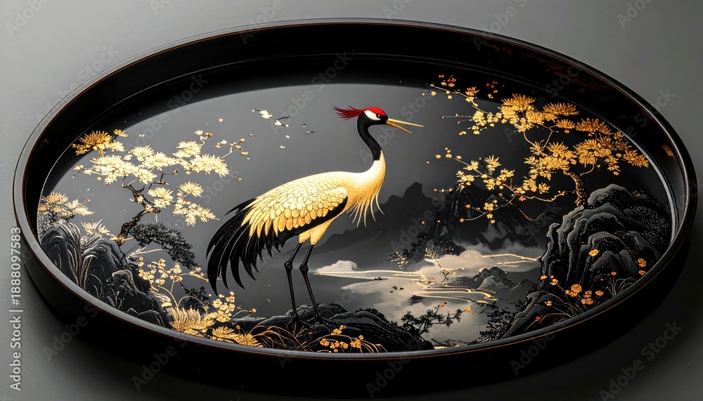 Naklejka premium Elegant Crane Art Tray - A Fusion of Nature and Artistry.