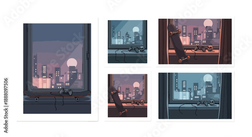 Collection of polaroid photos with video game controllers and skateboards on windowsills overlooking cityscapes at night