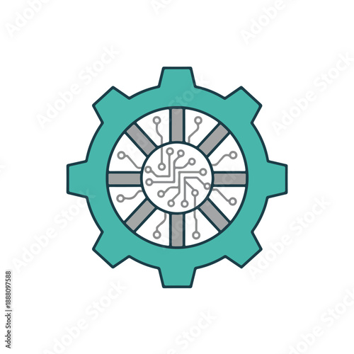 Teal gear icon with gray and white circuit board design on a white background, showcasing technology and machinery elements.