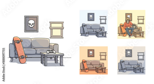 Collection of various living room scenes with modern furniture and skateboards in different color schemes and settings one