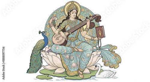 Goddess saraswati playing veena surrounded by peacock and swan peaceful illustration