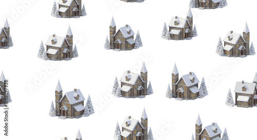 Winter village pattern repeating houses and pine trees snowy day festive scene