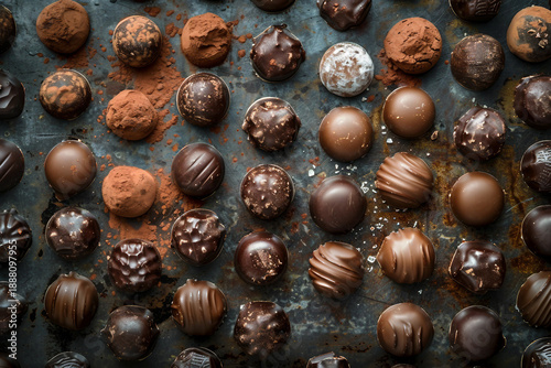 Rows of chocolates produced in a factory kitchen, generative AI