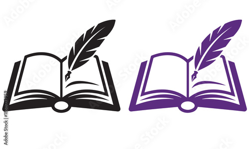 Open book and quill feather pen icon set, minimalist vector illustration for education, literature, and history concept.