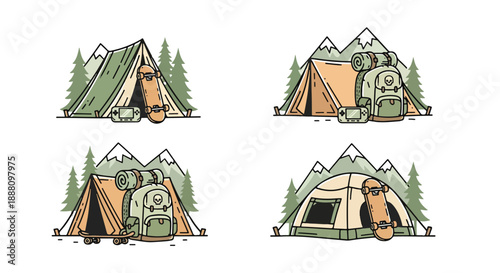 colorful camping tents with mountains and trees and hiking gear  outdoorsy travel