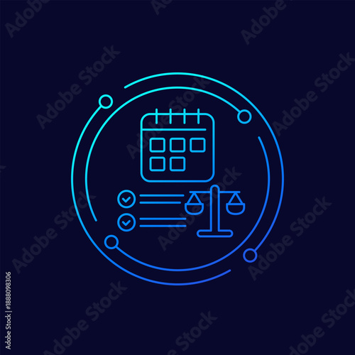 trial date icon with calendar, law and legal affairs, linear design