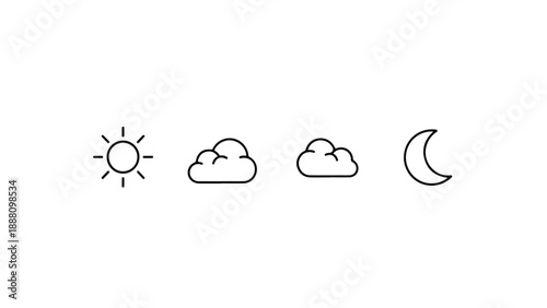 Minimalist weather and time of day icons set vector. Sun, cloud, and moon line art symbols isolated on white background.