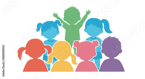 Coloring Happy Childhood: Vibrant silhouettes of children radiate happiness and unity, a symbol of childhood joy and togetherness. Capturing the spirit of youthful energy and pure friendship.