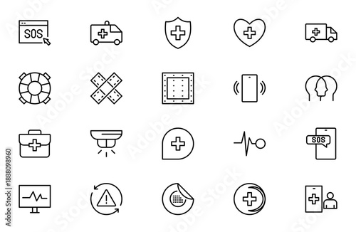 First Aid Outline Icon Set – Emergency Kit and Survival Medical Icons Collection for Evacuation and Disaster Preparedness, Editable Stroke, Modern Vector Illustration