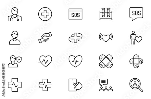 First Aid Outline Icon Set – Emergency Kit and Survival Medical Icons Collection for Evacuation and Disaster Preparedness, Editable Stroke, Modern Vector Illustration