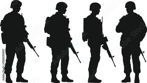 Military soldier silhouettes vector illustration, armed troops standing in side view poses, tactical combat figures isolated on white background
