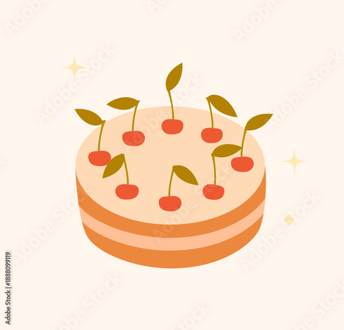Cute illustration of a round festive cake decorated with cherries and green leaves. A wonderful element for greeting cards, cards, invitations, social networks, stickers.