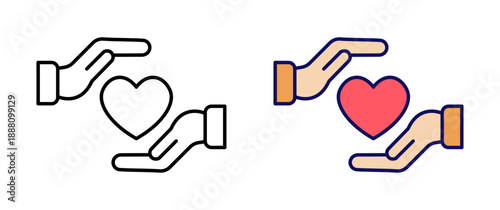 Charity and protection icons featuring hands sheltering a heart, compassion and safety symbols  for insurance, non-profit, and community support concepts