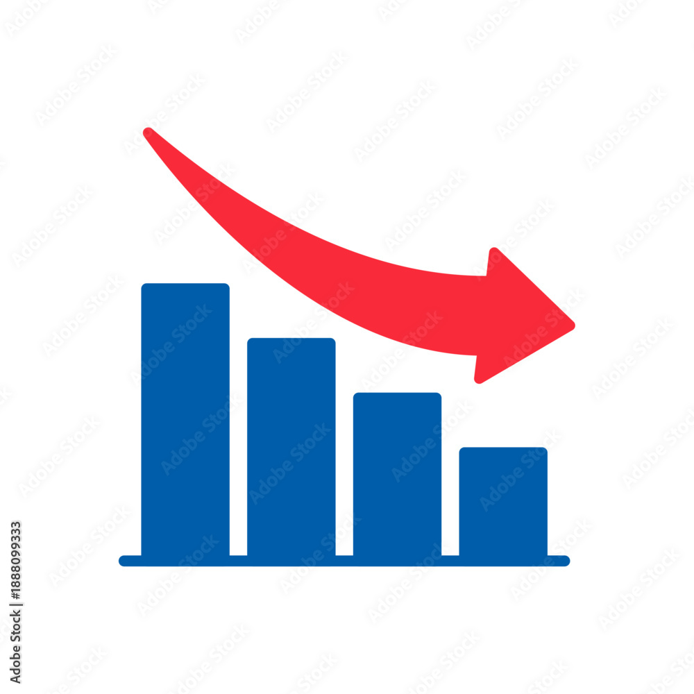 Fototapeta premium Financial bar chart icon showing a downward red decline trend, simple blue bar graph illustrating business loss and negative performance, financial crisis and deficit analysis