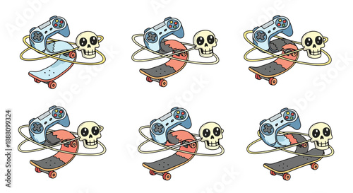 colorful skateboard and video game controller with skull  hobby and leisure concept
