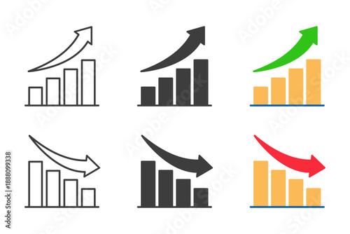 Financial bar chart icons showing upward growth and downward decline trends, set of business performance graphs with arrows in outline, solid black, and multi-color styles