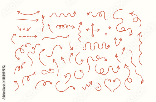 Large collection of various hand-drawn arrows pointing in different directions. Linear images of arrows in various shapes in a minimal, simple style. For planners, presentations and creative layouts