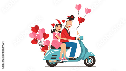 Couple riding scooter with heart balloons.