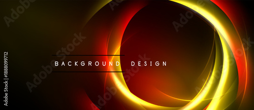 Dark background features vibrant orange, yellow light streaks. Circular shapes create dynamic visual effect. Text reads background design.