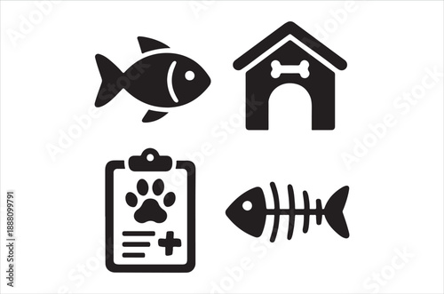 Black silhouettes of a fish house clipboard and fish skeleton