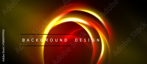 Abstract design features vibrant red, gold curves. Dark background emphasizes glowing circular elements. Modern aesthetic, dynamic composition.