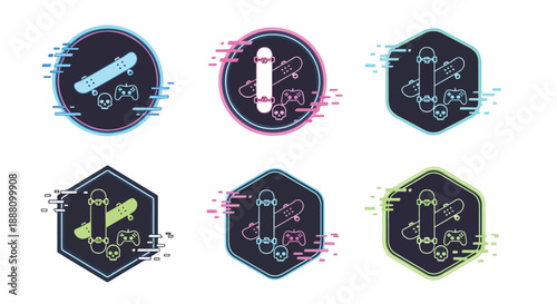 colorful skateboarding icons with neon outlines and gaming controllers on white background