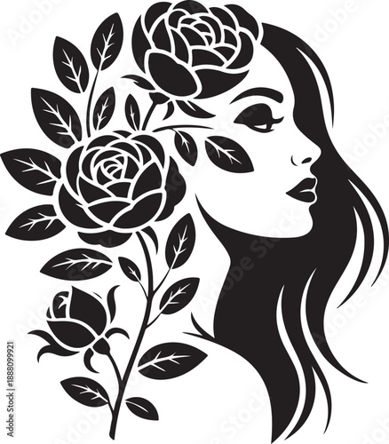Woman silhouette with floral hair and decorative leaf patterns vector illustration