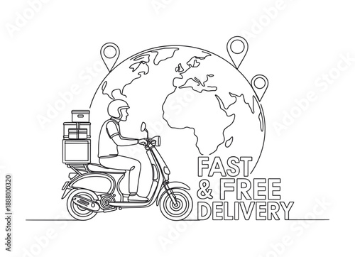 Delivery person riding a scooter with packages around the globe illustrating worldwide shipping services