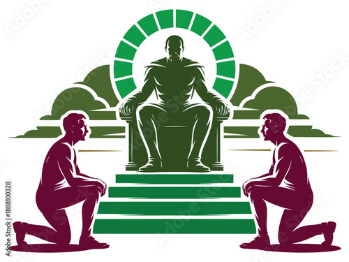 Ruler on throne with kneeling before him and green arch king queen leader desig