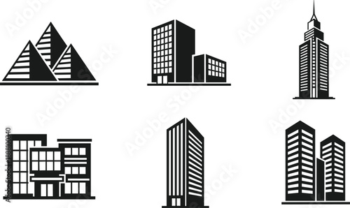 Black and white vector silhouette icons of modern city buildings, commercial skyscrapers, urban corporate office architecture, and real estate property development