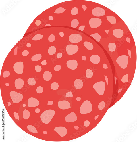 Red spotted round food items stacked.