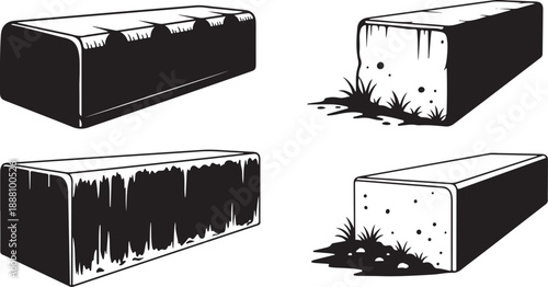 Four Different Concrete Blocks with Various Textures and Decay