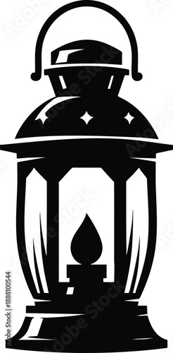 Vintage lantern with flame classic kerosene lamp silhouette for camping and outdoor adventure isolated on white