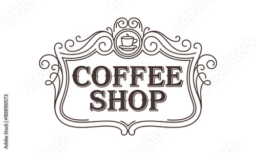 Vintage coffee shop logo design with decorative flourishes and a steaming cup emblem