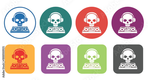 Colorful skulls wearing headphones and dj mixers icons set