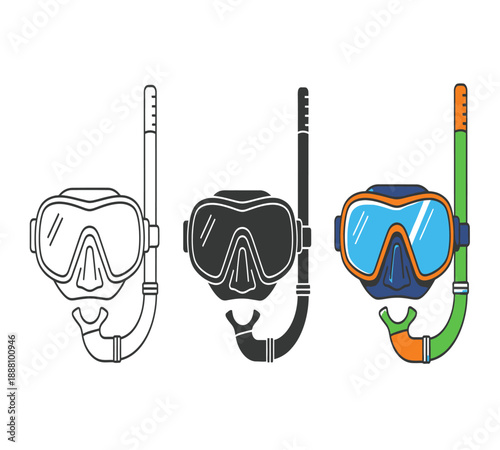 Three variations of colorful diving masks and snorkels in a simple cartoon style
