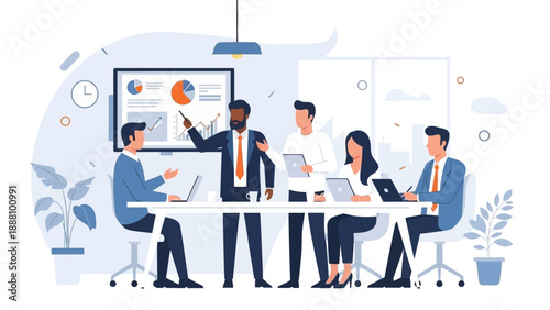 Business team collaborating on project with data presentation