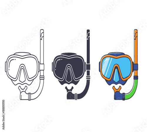 A detailed illustration showcasing three different styles of snorkeling masks and tubes
