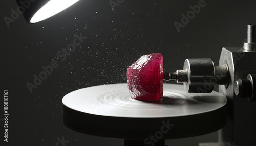 Ruby gemstone polishing on lapidary grinding wheel jewelry making process