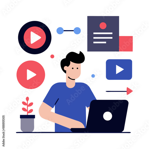 Content creator working on laptop with social media icons