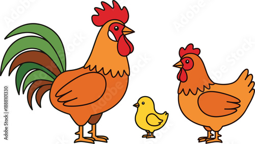 Colorful cartoon vector illustration of a rooster hen and small yellow chick for poultry farm agriculture organic food and rural livestock design