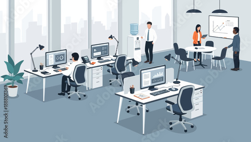 Modern office with people working at desks and collaborating