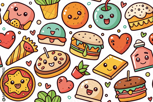 Cute food doodle seamless pattern with fast food on white background